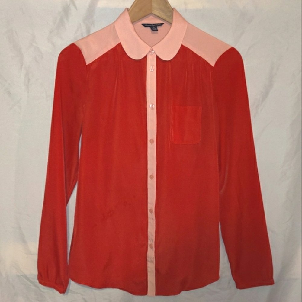 Two Tone Colorblock Collared Button Up Top